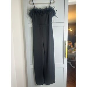Charmed Hearts Black Feather Trim Jumpsuit Spaghetti Strap Straight Leg Medium
